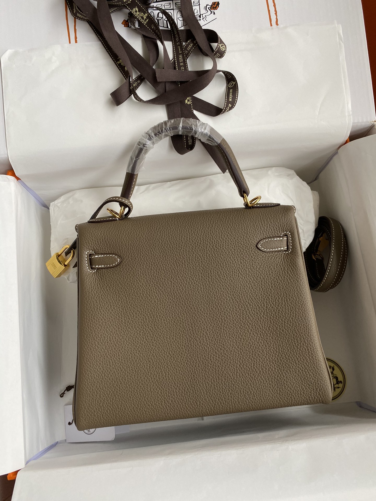 Hermes Kelly 25cm Handbag Shoulder Bag in Etoupe Togo Leather